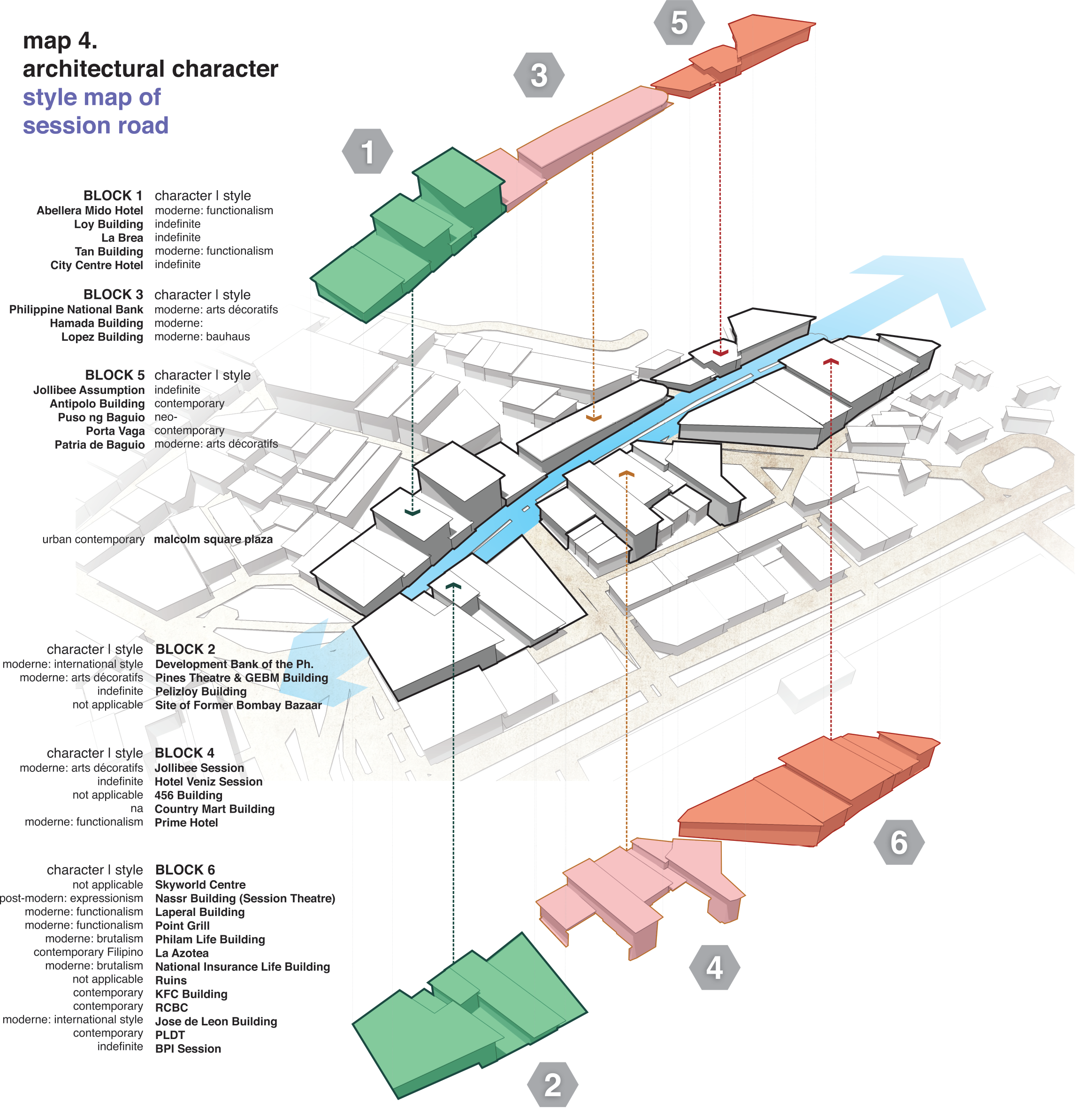 The derived Architectural Character Map of Session Road. Session Road is a huge contributory district within the heritage Burnham Plan. [Illustrated by VCBA]